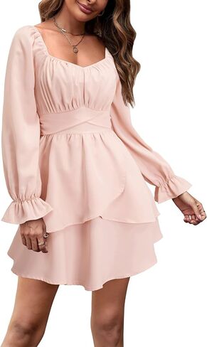 فستان نسائي من OUGES بأكمام طويلة ورقبة على شكل حرف V مكشكش كاجوال متأرجح صغير in Kuwait