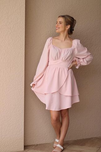 فستان نسائي من OUGES بأكمام طويلة ورقبة على شكل حرف V مكشكش كاجوال متأرجح صغير in Kuwait