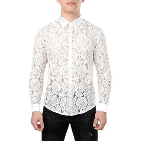 ZEROYAA Mens Night Club Style Lace Rose Floral Shirts Long Sleeve Sexy Mesh See Through Dress Shirts