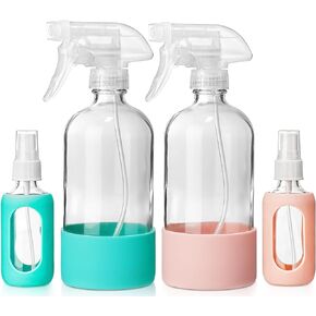 DWTS DANWEITESI Empty Clear Glass Spray Bottle, 16 oz Glass Spray Bottle with Silicone Sleeve*2 with 2 oz Travel Spray Bottle*2 for Cleaning Solution, Essential Oil or Botanical Spray, Reusable in Kuwait