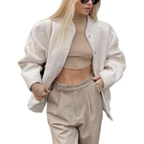 سترة Xaspee النسائية غير الرسمية المصنوعة من مزيج الصوف بياقة واقفة وزر سفلي للربيع والخريف سترة قصيرة للصديق مع جيوب in Kuwait