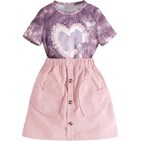 OYOANGLE Girl's 2 Piece Outfits Heart Print Short Sleeve Tie Dye Tee and Elastic Waist Button Front Skirt Sets in Saudi Arabia