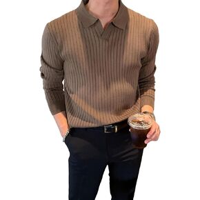 OYOANGLE Men's Sweater Classic Soft Solid Ribbed Knit Long Sleeve Collar Neck Shirt