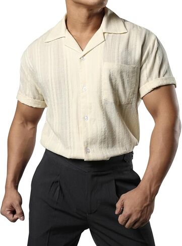 قمصان JOGAL للرجال صيفية من قماش الجاكار الكوبي Guayabera قمصان كاجوال بأزرار للأسفل وأكمام قصيرة قمصان شاطئ هاواي in Kuwait