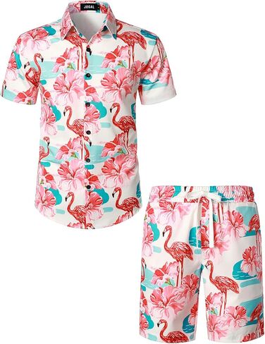 بدلة قميص هاواي للرجال بأكمام قصيرة وأزرار سفلية وطبعات فلامنجو من JOGAL للرجال in Kuwait