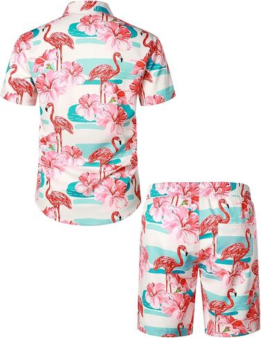 بدلة قميص هاواي للرجال بأكمام قصيرة وأزرار سفلية وطبعات فلامنجو من JOGAL للرجال in Kuwait