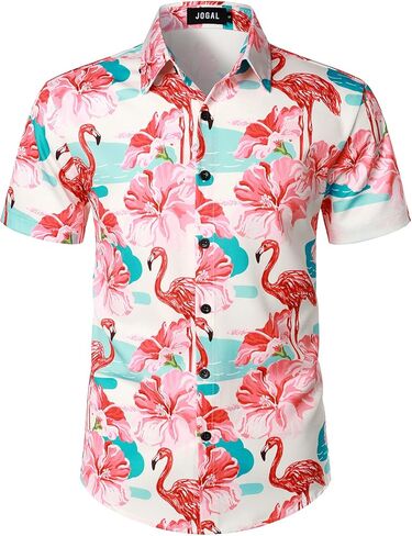 بدلة قميص هاواي للرجال بأكمام قصيرة وأزرار سفلية وطبعات فلامنجو من JOGAL للرجال in Kuwait