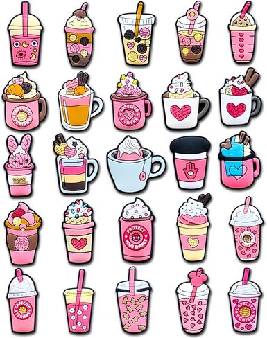 25Pcs Pink Drink Shoe Decoration Charms for Croc Clog Sandals, Concha Croc Charms for Kid Girl Women Party Gifts, Non-Precious Metal, No Gemstone in Kuwait