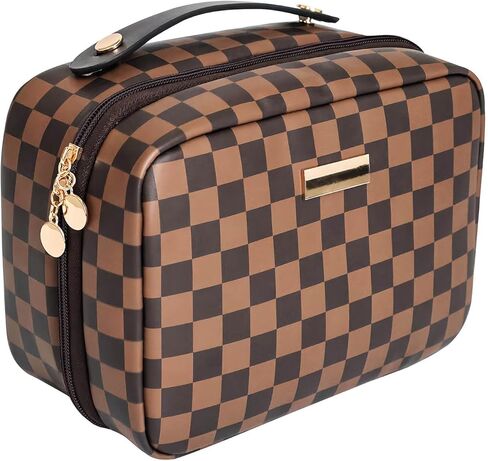 PainZieteg Checkered Makeup Bag, Waterproof Cosmetic Travel Bag for Women, Large Capacity PU Leather Makeup Organizer Stylish Toiletry Bag for Valentine’s Day Birthday Gifts in Kuwait