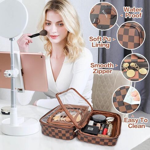 PainZieteg Checkered Makeup Bag, Waterproof Cosmetic Travel Bag for Women, Large Capacity PU Leather Makeup Organizer Stylish Toiletry Bag for Valentine’s Day Birthday Gifts in Kuwait