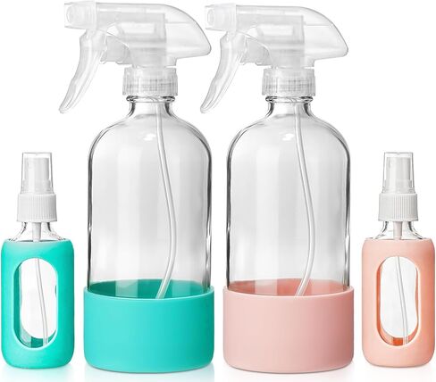DWTS DANWEITESI Empty Clear Glass Spray Bottle, 16 oz Glass Spray Bottle with Silicone Sleeve*2 with 2 oz Travel Spray Bottle*2 for Cleaning Solution, Essential Oil or Botanical Spray, Reusable in Kuwait