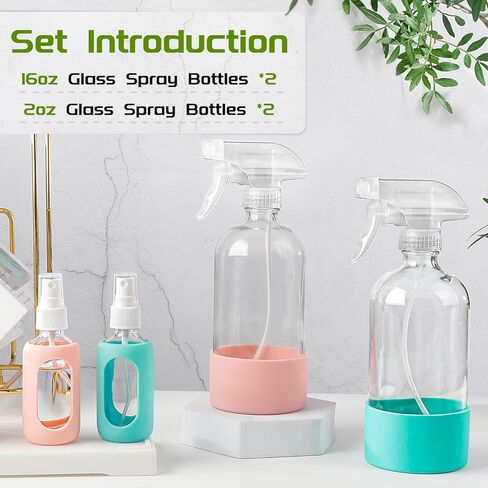 DWTS DANWEITESI Empty Clear Glass Spray Bottle, 16 oz Glass Spray Bottle with Silicone Sleeve*2 with 2 oz Travel Spray Bottle*2 for Cleaning Solution, Essential Oil or Botanical Spray, Reusable in Kuwait