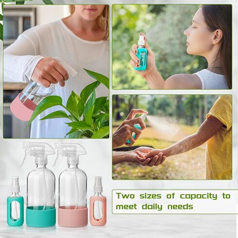 DWTS DANWEITESI Empty Clear Glass Spray Bottle, 16 oz Glass Spray Bottle with Silicone Sleeve*2 with 2 oz Travel Spray Bottle*2 for Cleaning Solution, Essential Oil or Botanical Spray, Reusable in Kuwait