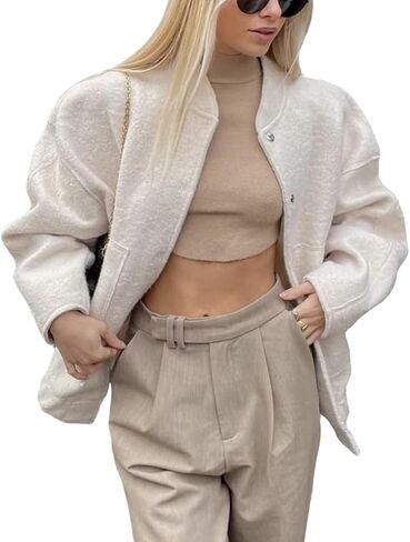 سترة Xaspee النسائية غير الرسمية المصنوعة من مزيج الصوف بياقة واقفة وزر سفلي للربيع والخريف سترة قصيرة للصديق مع جيوب in Kuwait