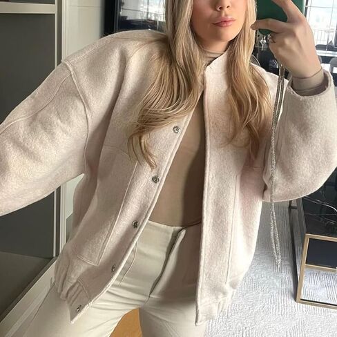 سترة Xaspee النسائية غير الرسمية المصنوعة من مزيج الصوف بياقة واقفة وزر سفلي للربيع والخريف سترة قصيرة للصديق مع جيوب in Kuwait