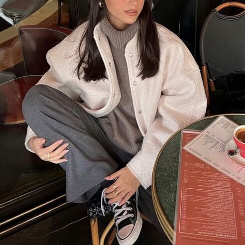 سترة Xaspee النسائية غير الرسمية المصنوعة من مزيج الصوف بياقة واقفة وزر سفلي للربيع والخريف سترة قصيرة للصديق مع جيوب in Kuwait