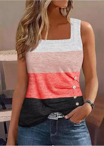 CHUNTIANRAN Color Block Ruched Button Square Collar Tank Top for Women Summer Tank Tee Casual Loose-Fit Sleeveless Shirt in Saudi Arabia