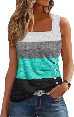 CHUNTIANRAN Color Block Ruched Button Square Collar Tank Top for Women Summer Tank Tee Casual Loose-Fit Sleeveless Shirt in Saudi Arabia