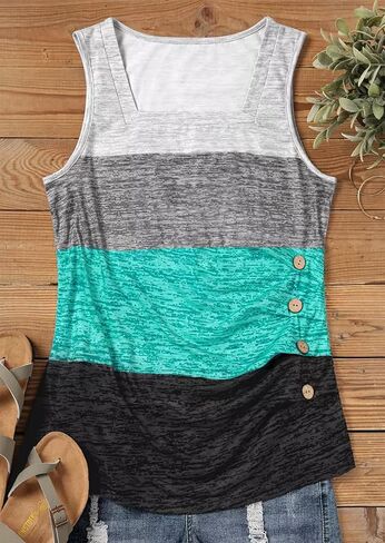 CHUNTIANRAN Color Block Ruched Button Square Collar Tank Top for Women Summer Tank Tee Casual Loose-Fit Sleeveless Shirt in Saudi Arabia
