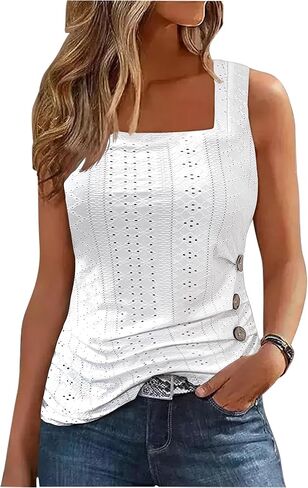 CHUNTIANRAN Color Block Ruched Button Square Collar Tank Top for Women Summer Tank Tee Casual Loose-Fit Sleeveless Shirt in Saudi Arabia