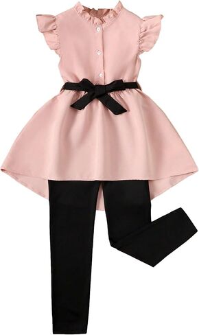 OYOANGLE Girl's 2 Piece Outfits Ruffle Trim Sleeveless Button Down Belted High Low Hem Blouse and Leggings Tops in Saudi Arabia