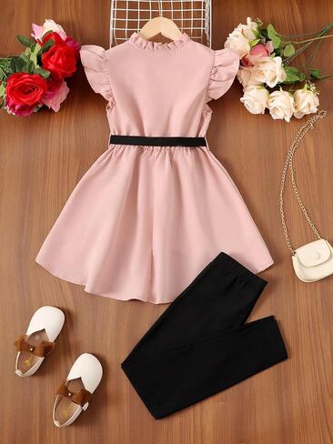 OYOANGLE Girl's 2 Piece Outfits Ruffle Trim Sleeveless Button Down Belted High Low Hem Blouse and Leggings Tops in Saudi Arabia