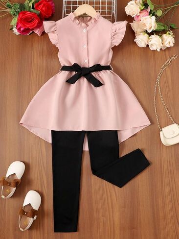 OYOANGLE Girl's 2 Piece Outfits Ruffle Trim Sleeveless Button Down Belted High Low Hem Blouse and Leggings Tops in Saudi Arabia