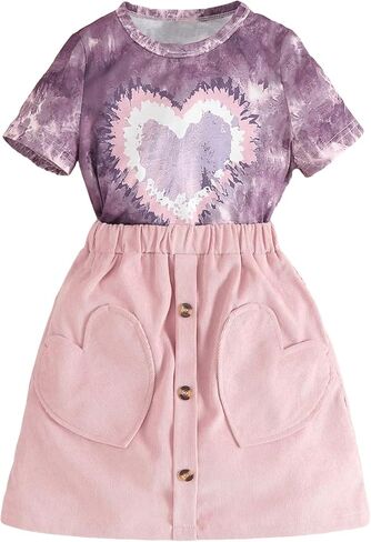 OYOANGLE Girl's 2 Piece Outfits Heart Print Short Sleeve Tie Dye Tee and Elastic Waist Button Front Skirt Sets in Saudi Arabia