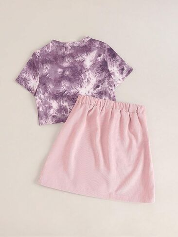 OYOANGLE Girl's 2 Piece Outfits Heart Print Short Sleeve Tie Dye Tee and Elastic Waist Button Front Skirt Sets in Saudi Arabia