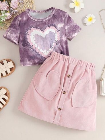 OYOANGLE Girl's 2 Piece Outfits Heart Print Short Sleeve Tie Dye Tee and Elastic Waist Button Front Skirt Sets in Saudi Arabia