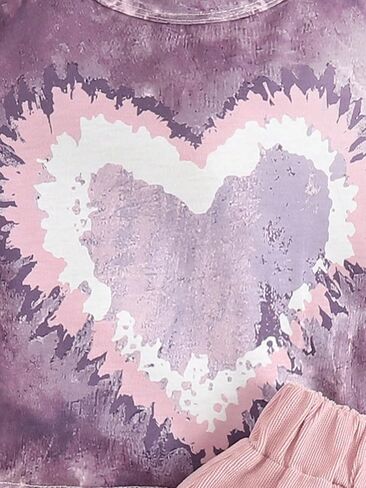 OYOANGLE Girl's 2 Piece Outfits Heart Print Short Sleeve Tie Dye Tee and Elastic Waist Button Front Skirt Sets in Saudi Arabia