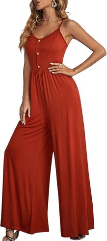LYANER Women's Scoop Neck Sleeveless Spaghetti Strap Button Front Cami Wide Leg Pants Jumpsuit Romper in Saudi Arabia
