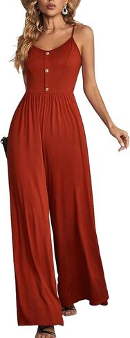 LYANER Women's Scoop Neck Sleeveless Spaghetti Strap Button Front Cami Wide Leg Pants Jumpsuit Romper in Saudi Arabia