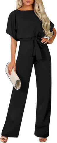 Cegerne Women Casual Loose Short Sleeve Belted Wide Leg Pant Romper Jumpsuits Dressy Wedding in Kuwait