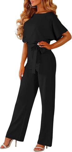 Cegerne Women Casual Loose Short Sleeve Belted Wide Leg Pant Romper Jumpsuits Dressy Wedding in Kuwait