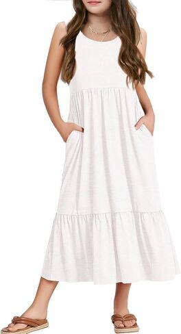 Batermoon Girls Summer Dress Sleeveless Flowy Tiered Casual Long Maxi Dress with Pockets in Saudi Arabia