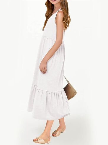 Batermoon Girls Summer Dress Sleeveless Flowy Tiered Casual Long Maxi Dress with Pockets in Saudi Arabia
