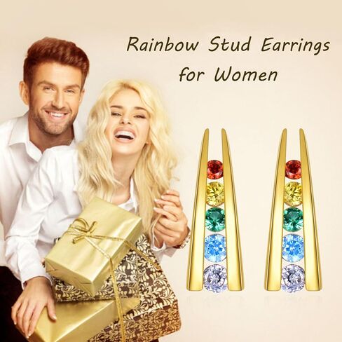 14K Solid Gold Rainbow Stud Earrings for Women Girls - Fashion Rainbow Earrings Yellow Gold Colorful Cubic Zirconia Rainbow Earrings, Yellow Gold, Cubic Zirconia in Kuwait