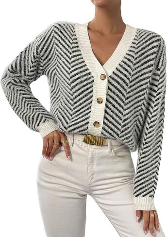 SHENHE Women's Striped Button Up Cardigan V Neck Drop Shoulder Casual Cardigan in Saudi Arabia