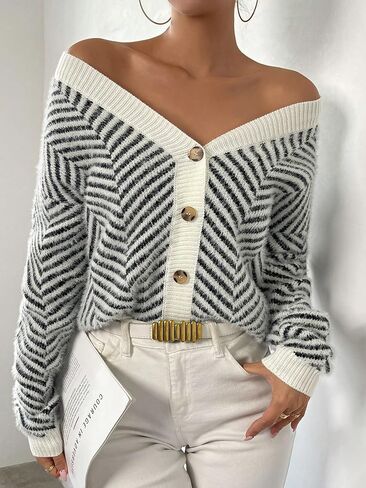 SHENHE Women's Striped Button Up Cardigan V Neck Drop Shoulder Casual Cardigan in Saudi Arabia