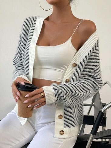 SHENHE Women's Striped Button Up Cardigan V Neck Drop Shoulder Casual Cardigan in Saudi Arabia