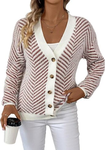 SHENHE Women's Striped Button Up Cardigan V Neck Drop Shoulder Casual Cardigan in Saudi Arabia