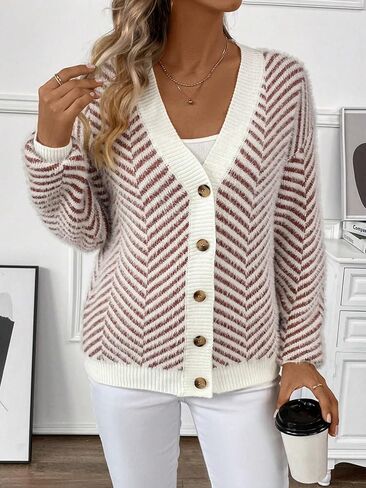 SHENHE Women's Striped Button Up Cardigan V Neck Drop Shoulder Casual Cardigan in Saudi Arabia