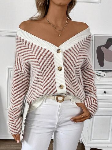 SHENHE Women's Striped Button Up Cardigan V Neck Drop Shoulder Casual Cardigan in Saudi Arabia