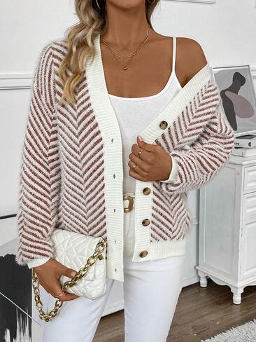SHENHE Women's Striped Button Up Cardigan V Neck Drop Shoulder Casual Cardigan in Saudi Arabia
