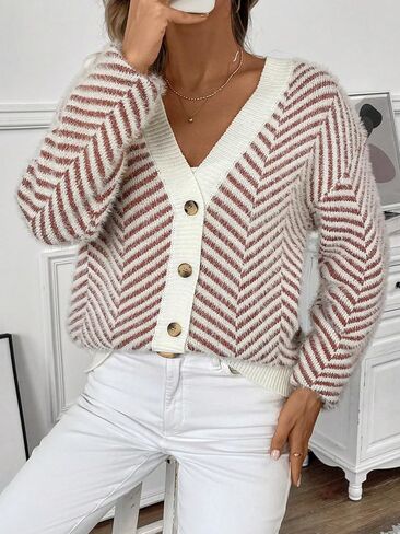 SHENHE Women's Striped Button Up Cardigan V Neck Drop Shoulder Casual Cardigan in Saudi Arabia