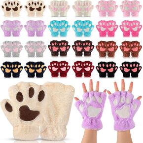 Cutecrop 24 Pairs Kawaii Cat Paw Gloves Bulk Winter Plush Cat Fingerless Gloves Faux Fur Half Finger Animal Paw Gloves with Lanyard for Girls Women Cosplay Christmas Gloves Gifts in Saudi Arabia