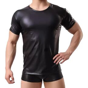 Panegy Men's Black Leather Tshirt Short Sleeve PVC Tunic & Sleeveless Tank Top M-XXL in Saudi Arabia