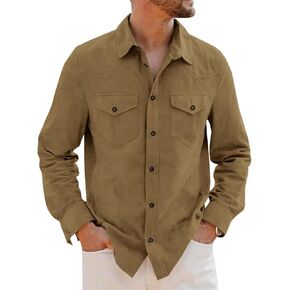 Runcati Mens Long Sleeve Suede Shirts Button Down Shacket Casual Work Western Regular Fit Shirt Jacket