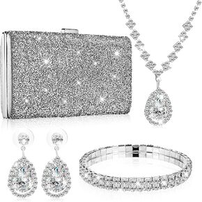 AGFELO 4 Pieces Silver Purse Rhinestone Evening Clutch Bag Rhinestone Ear Clip Bridal Wedding Choker Bracelet Dangle Bling Glitter Purse for Women Wedding Prom in Kuwait